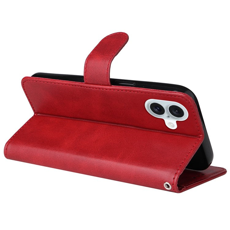 For iPhone 16 Plus Leather Wallet Case Calf Texture Magnetic Clasp Cell Phone Cover - Red