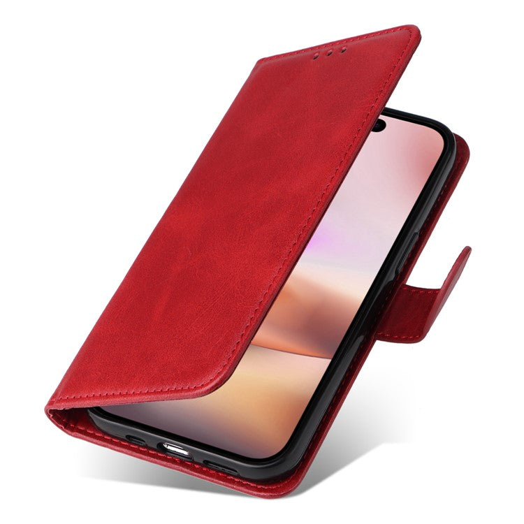 For iPhone 16 Plus Leather Wallet Case Calf Texture Magnetic Clasp Cell Phone Cover - Red