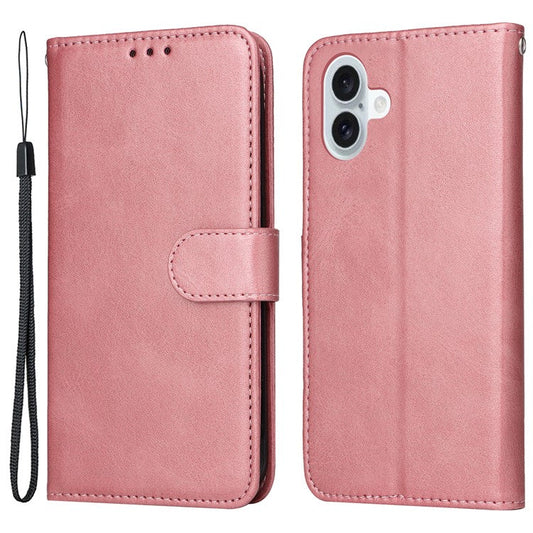 For iPhone 16 Plus Leather Wallet Case Calf Texture Magnetic Clasp Cell Phone Cover - Pink