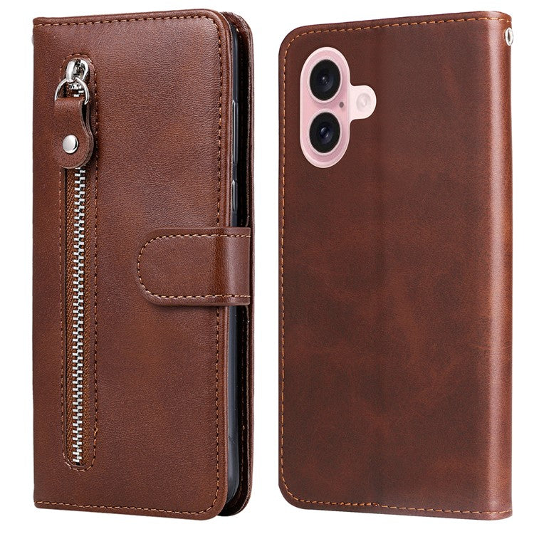 For iPhone 16 Case Zipper Pocket Wallet Shockproof PU Leather Phone Cover - Brown