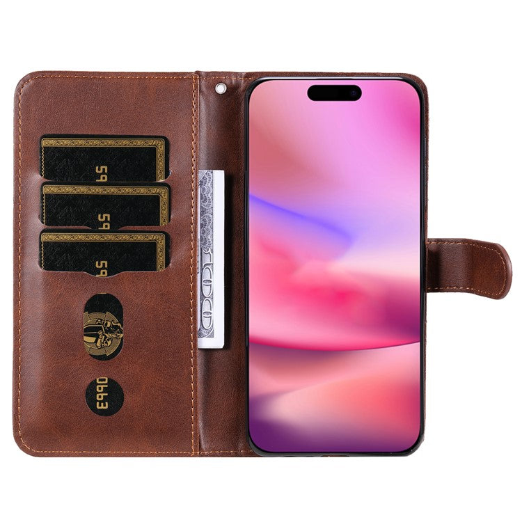 For iPhone 16 Case Zipper Pocket Wallet Shockproof PU Leather Phone Cover - Brown