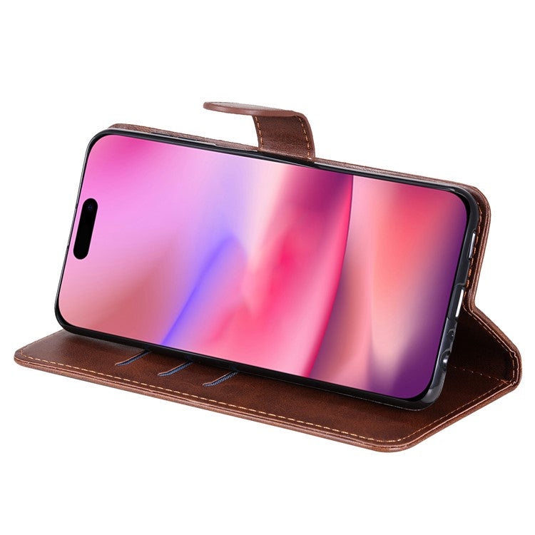 For iPhone 16 Case Zipper Pocket Wallet Shockproof PU Leather Phone Cover - Brown