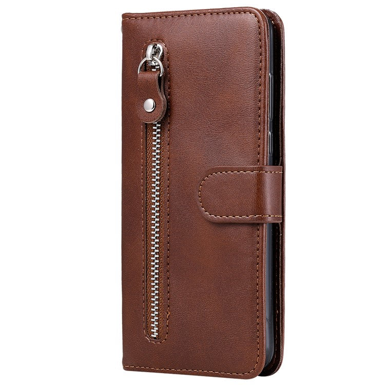 For iPhone 16 Case Zipper Pocket Wallet Shockproof PU Leather Phone Cover - Brown