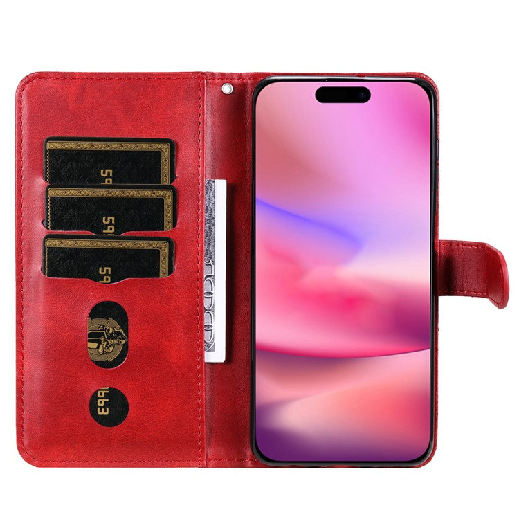 For iPhone 16 Case Zipper Pocket Wallet Shockproof PU Leather Phone Cover - Red