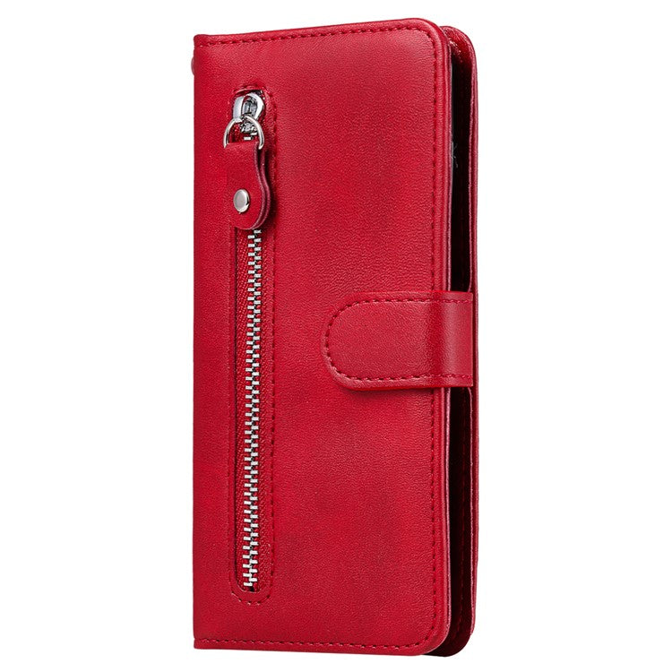 For iPhone 16 Case Zipper Pocket Wallet Shockproof PU Leather Phone Cover - Red