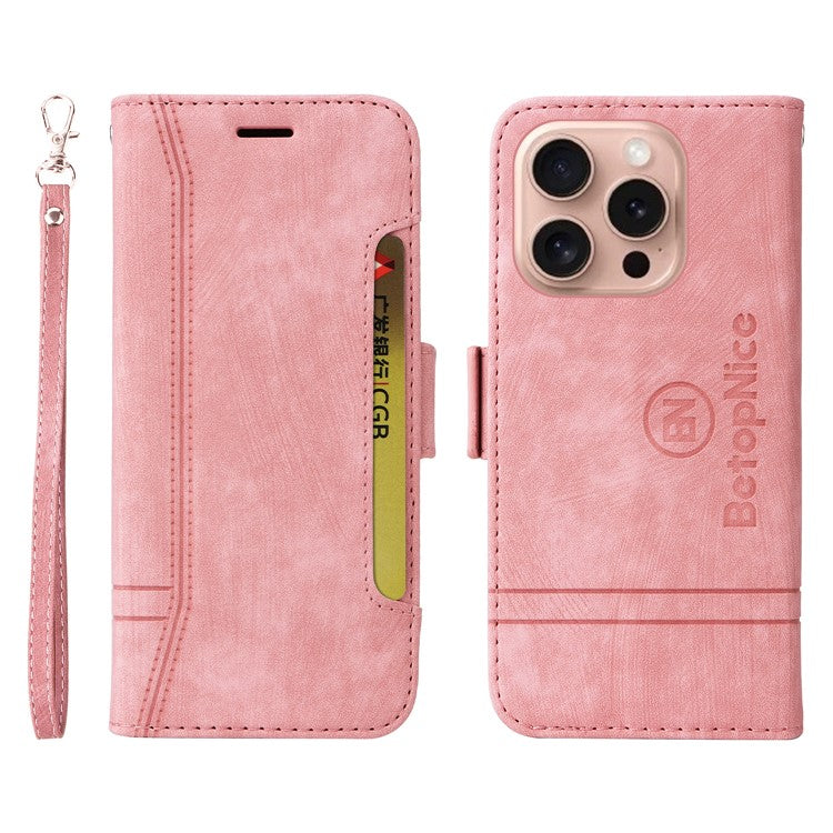BETOPNICE 001 for iPhone 16 Pro Stand Case Leather Flip Phone Cover - Pink