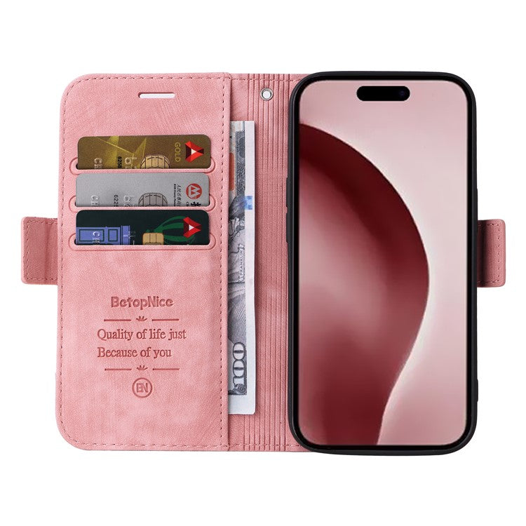 BETOPNICE 001 for iPhone 16 Pro Stand Case Leather Flip Phone Cover - Pink