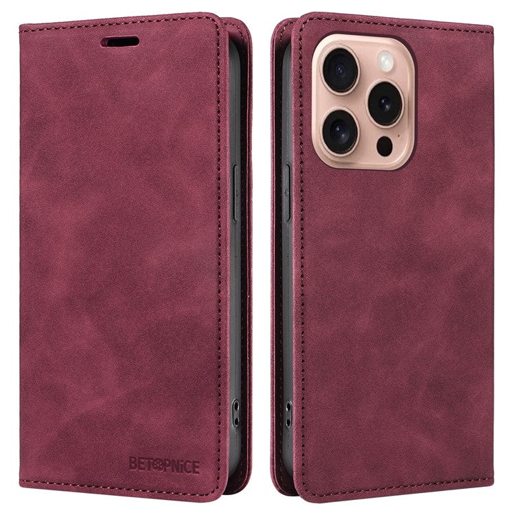 BETOPNICE 003 For iPhone 16 Pro Case Wallet Strong Magnetic Leather Phone Cover - Red