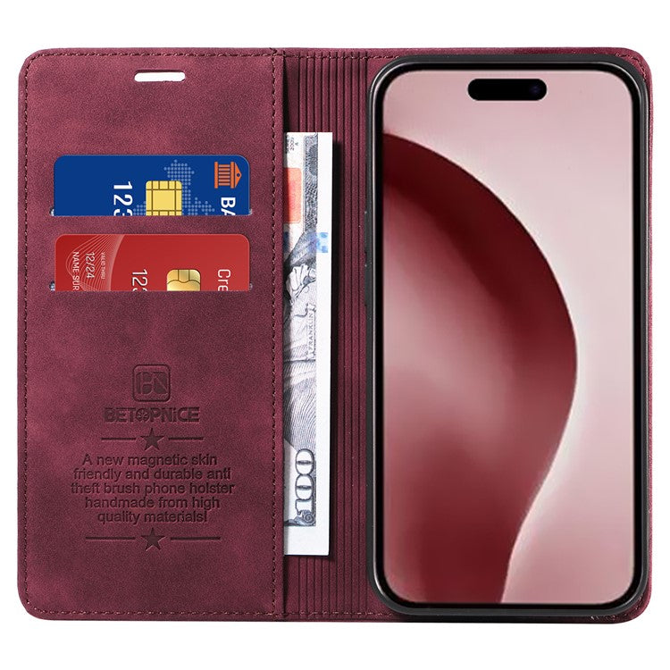 BETOPNICE 003 For iPhone 16 Pro Case Wallet Strong Magnetic Leather Phone Cover - Red