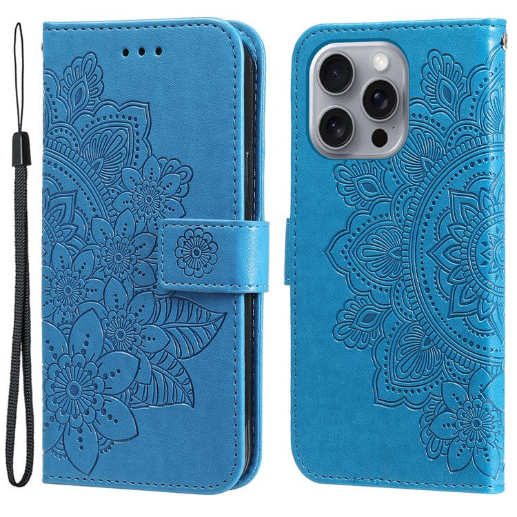 For iPhone 16 Pro Case Shockproof Flower Imprinted PU Leather Wallet Phone Cover - Blue