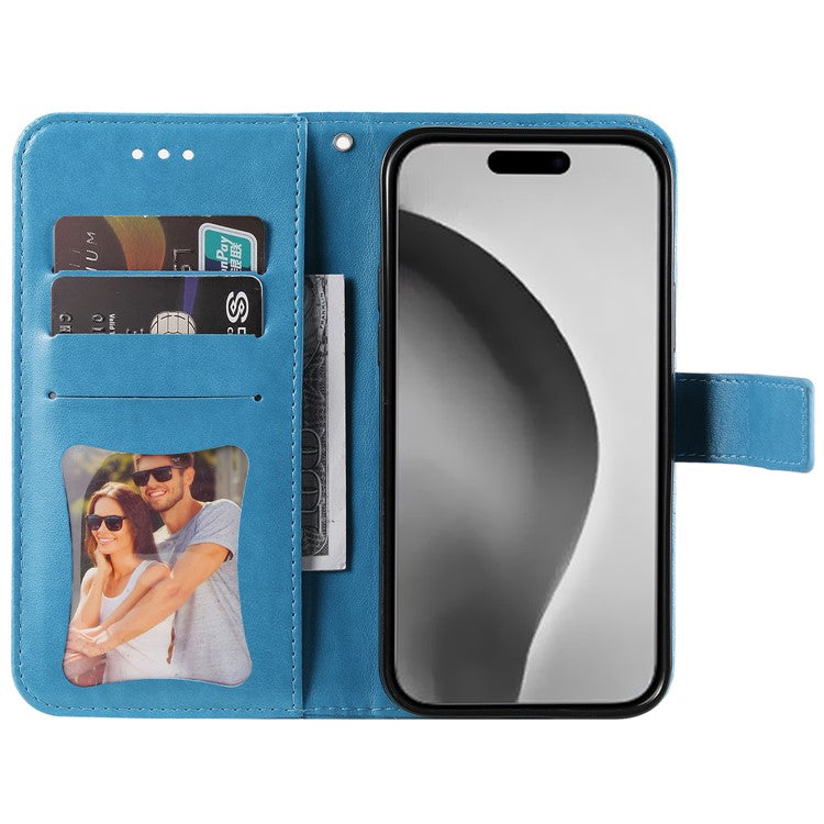 For iPhone 16 Pro Case Shockproof Flower Imprinted PU Leather Wallet Phone Cover - Blue