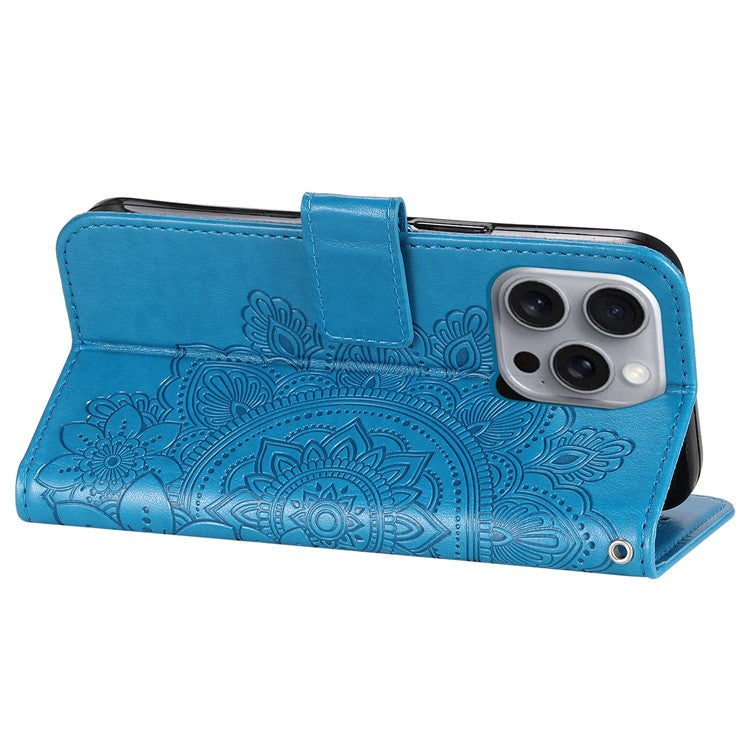 For iPhone 16 Pro Case Shockproof Flower Imprinted PU Leather Wallet Phone Cover - Blue