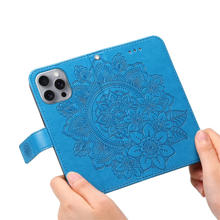 For iPhone 16 Pro Case Shockproof Flower Imprinted PU Leather Wallet Phone Cover - Blue