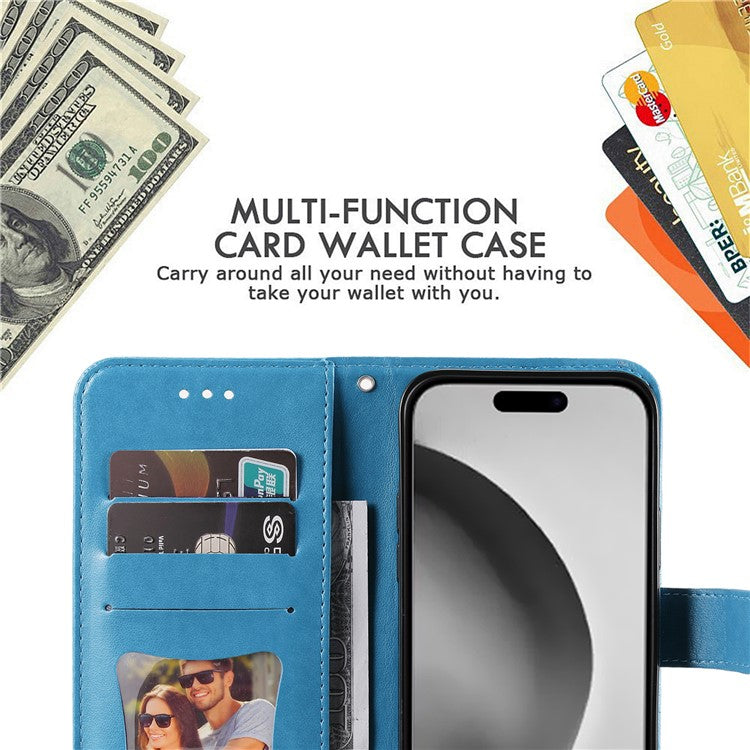 For iPhone 16 Pro Case Shockproof Flower Imprinted PU Leather Wallet Phone Cover - Blue