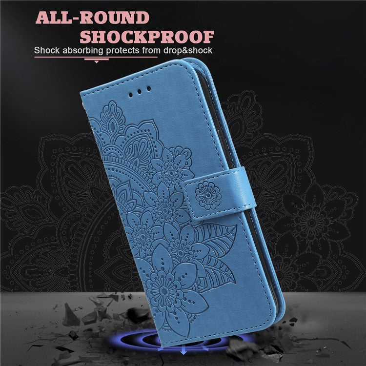 For iPhone 16 Pro Case Shockproof Flower Imprinted PU Leather Wallet Phone Cover - Blue