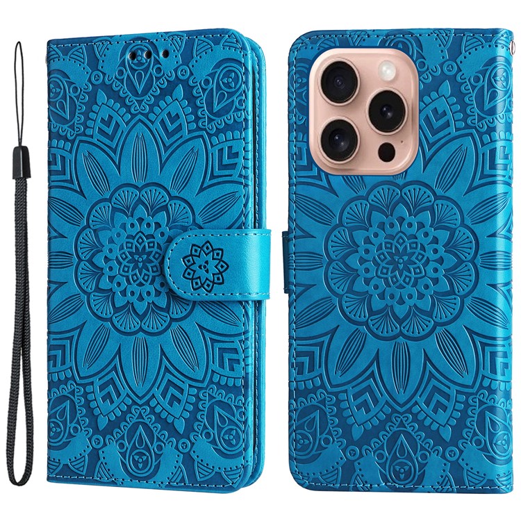 For iPhone 16 Pro Case Sunflower Leather Flip Cover Card Holder Stand Cell Accessories - Blue