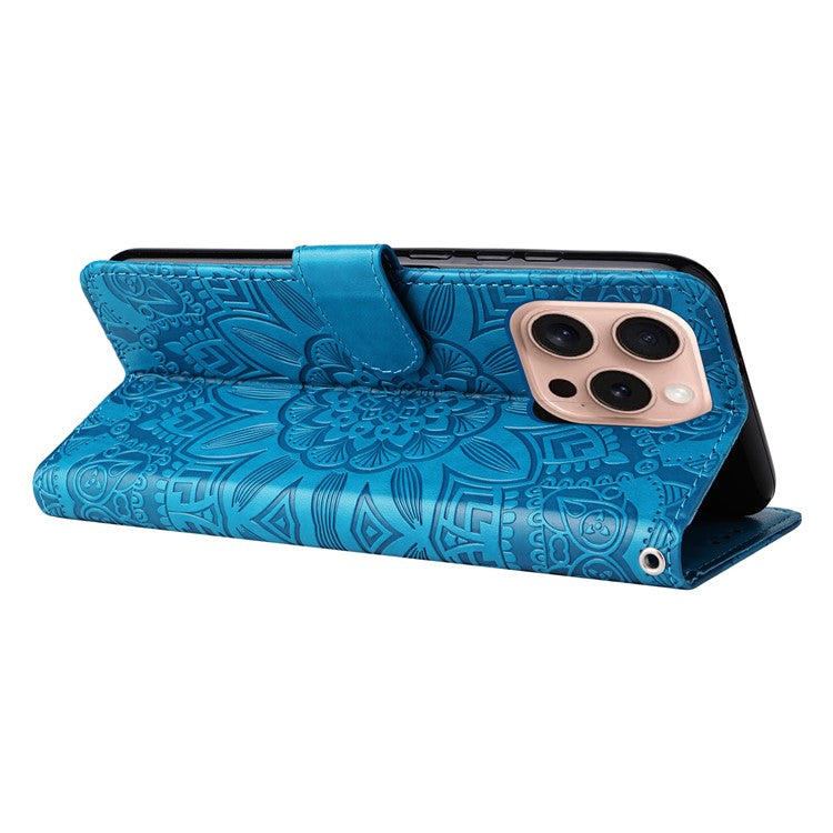 For iPhone 16 Pro Case Sunflower Leather Flip Cover Card Holder Stand Cell Accessories - Blue