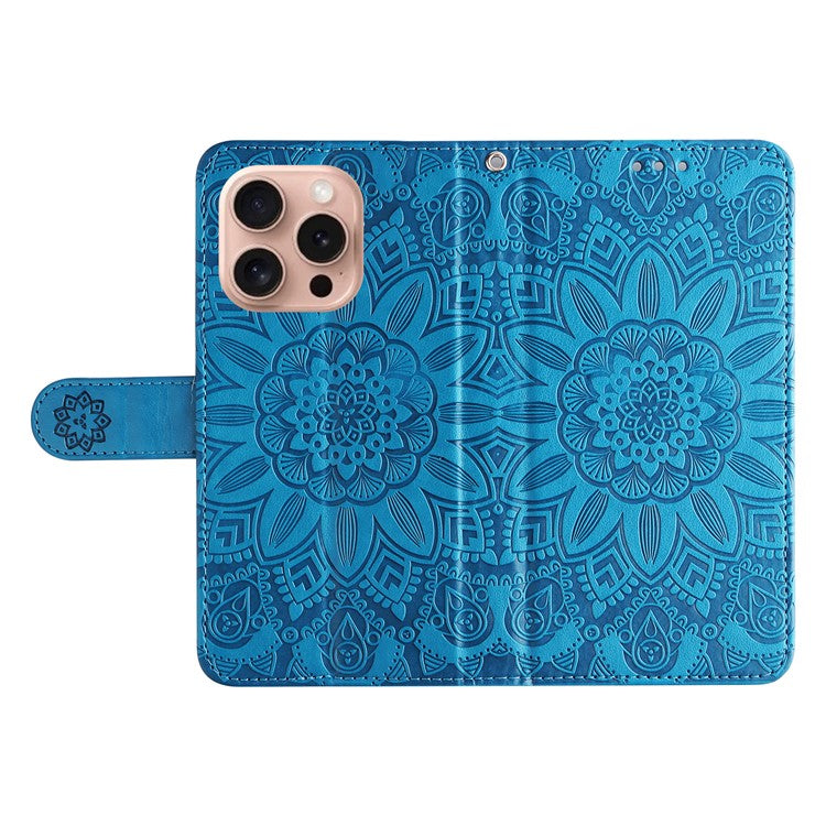 For iPhone 16 Pro Case Sunflower Leather Flip Cover Card Holder Stand Cell Accessories - Blue
