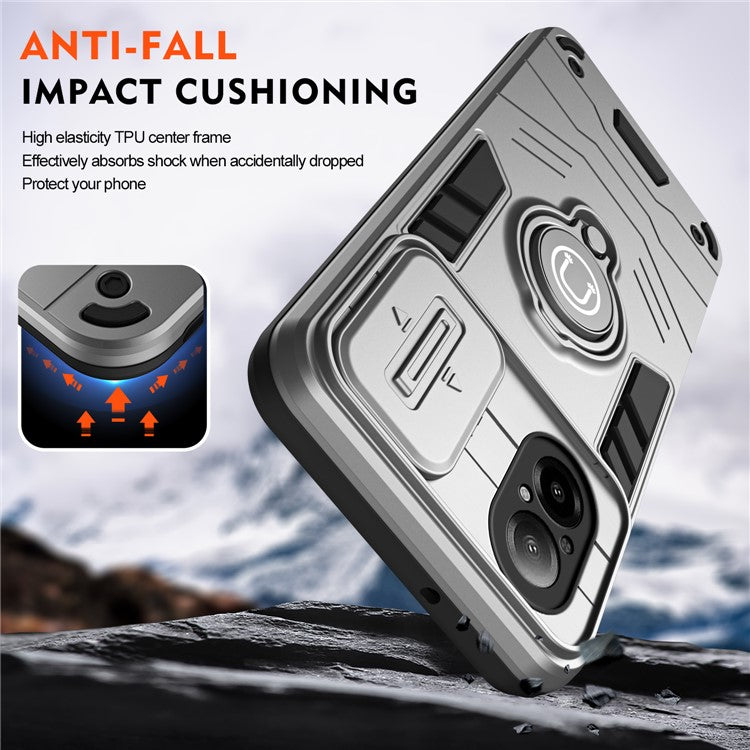 For Realme C67 4G Case PC+TPU Phone Shell with Lens Cover Ring Kickstand - Grey