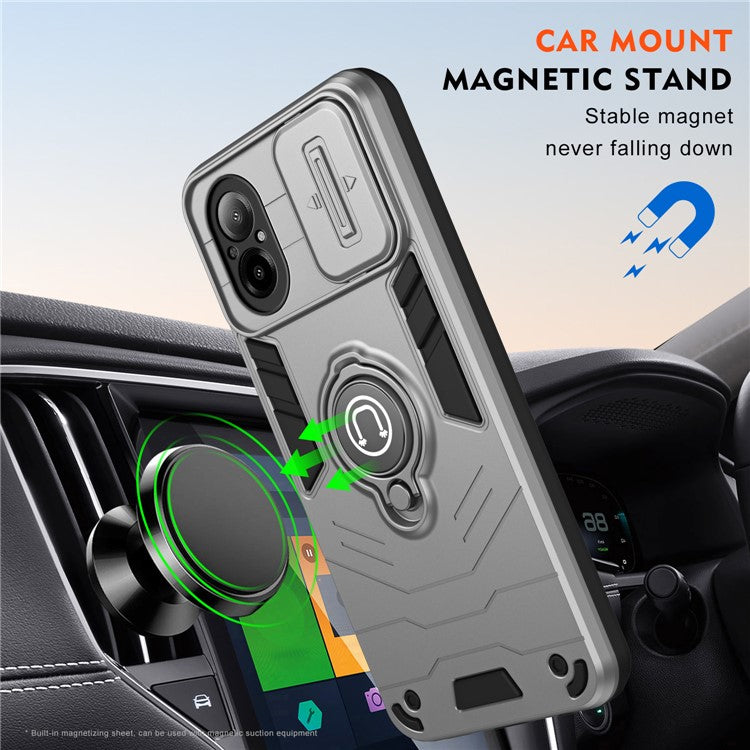 For Realme C67 4G Case PC+TPU Phone Shell with Lens Cover Ring Kickstand - Grey