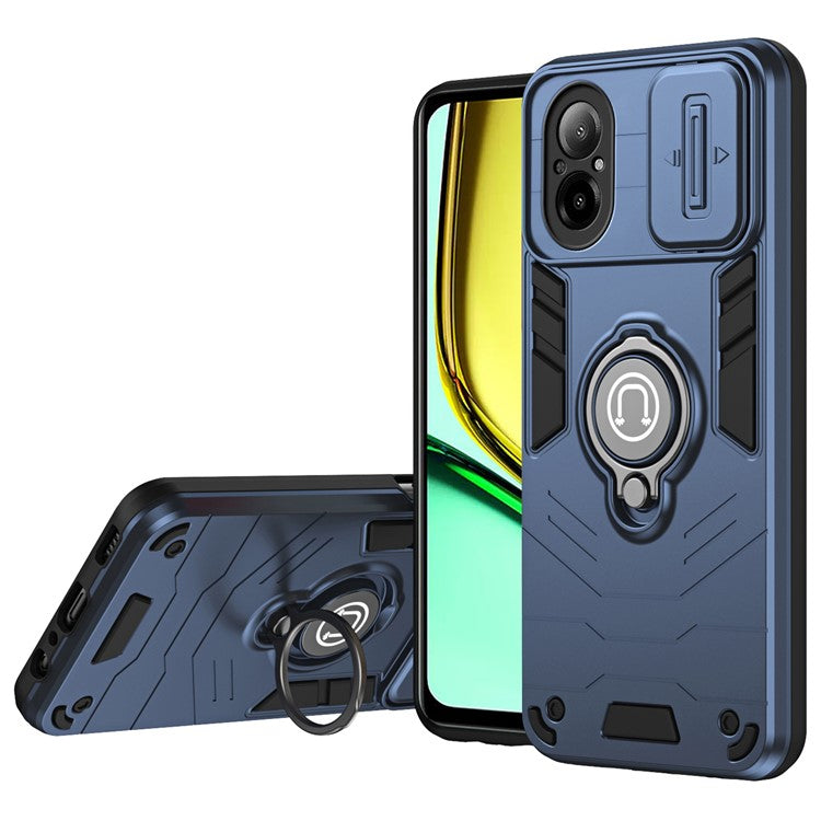 For Realme C67 4G Case PC+TPU Phone Shell with Lens Cover Ring Kickstand - Blue