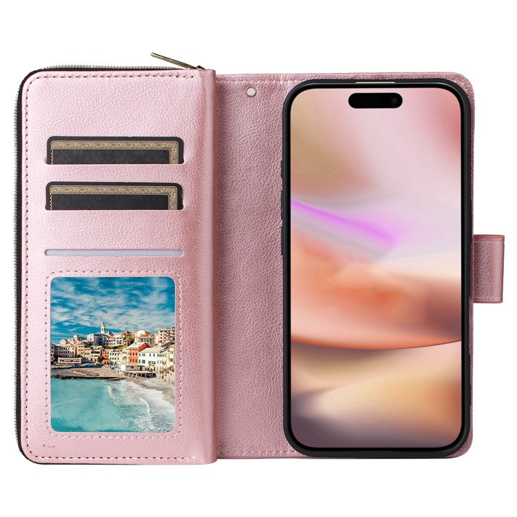 For iPhone 16 Plus Case PU Leather Phone Cover 9 Card Slots Zipper Pocket Hand Strap - Rose Gold