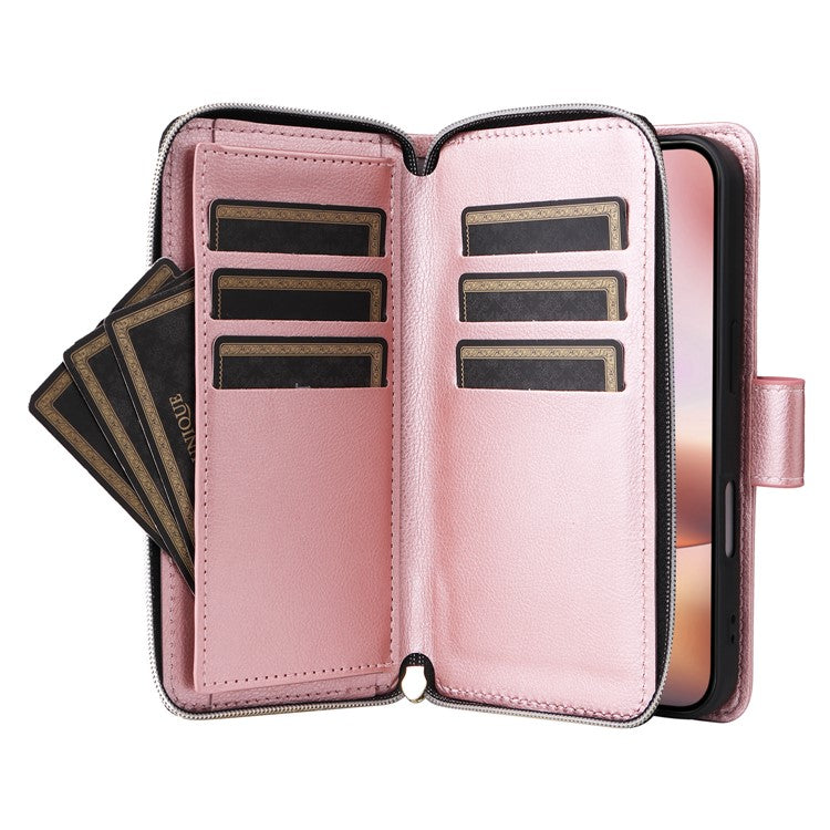 For iPhone 16 Plus Case PU Leather Phone Cover 9 Card Slots Zipper Pocket Hand Strap - Rose Gold