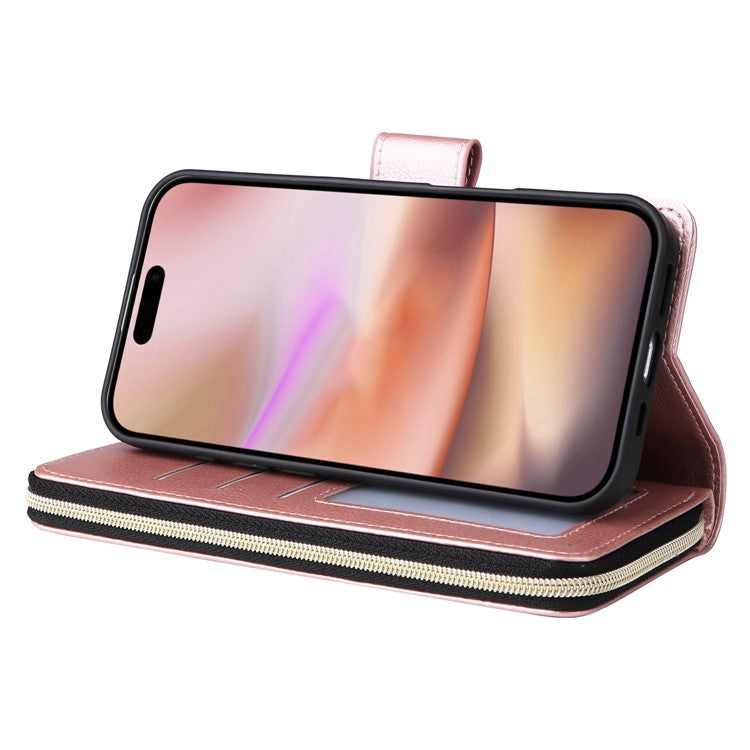 For iPhone 16 Plus Case PU Leather Phone Cover 9 Card Slots Zipper Pocket Hand Strap - Rose Gold