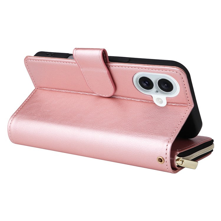 For iPhone 16 Plus Case PU Leather Phone Cover 9 Card Slots Zipper Pocket Hand Strap - Rose Gold