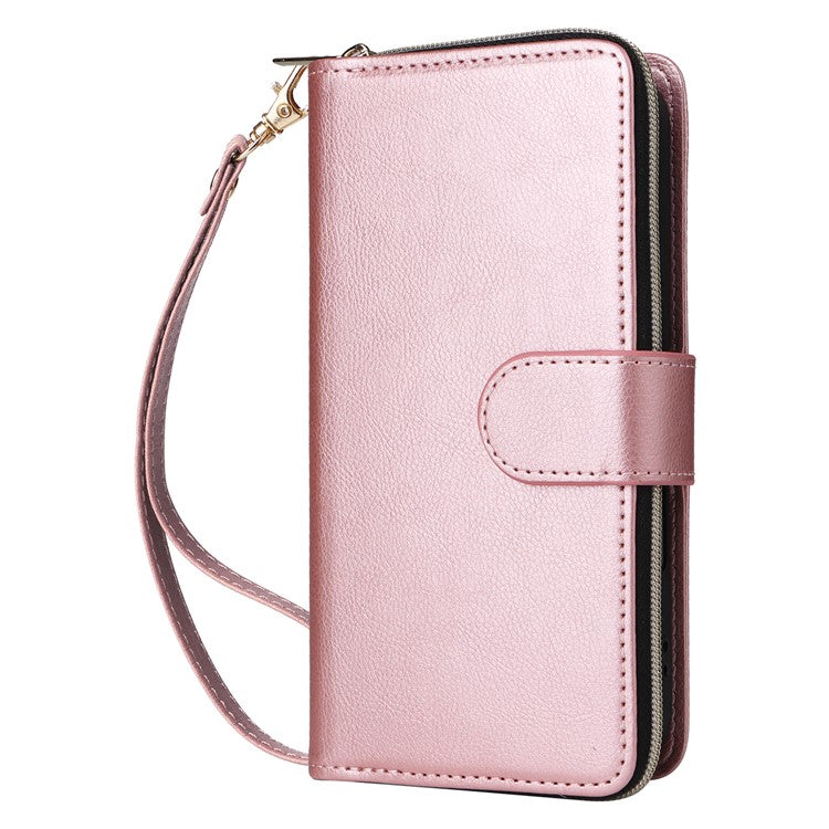 For iPhone 16 Plus Case PU Leather Phone Cover 9 Card Slots Zipper Pocket Hand Strap - Rose Gold