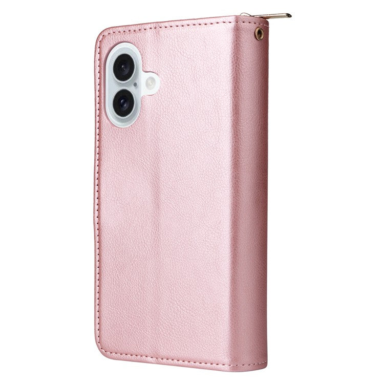 For iPhone 16 Plus Case PU Leather Phone Cover 9 Card Slots Zipper Pocket Hand Strap - Rose Gold