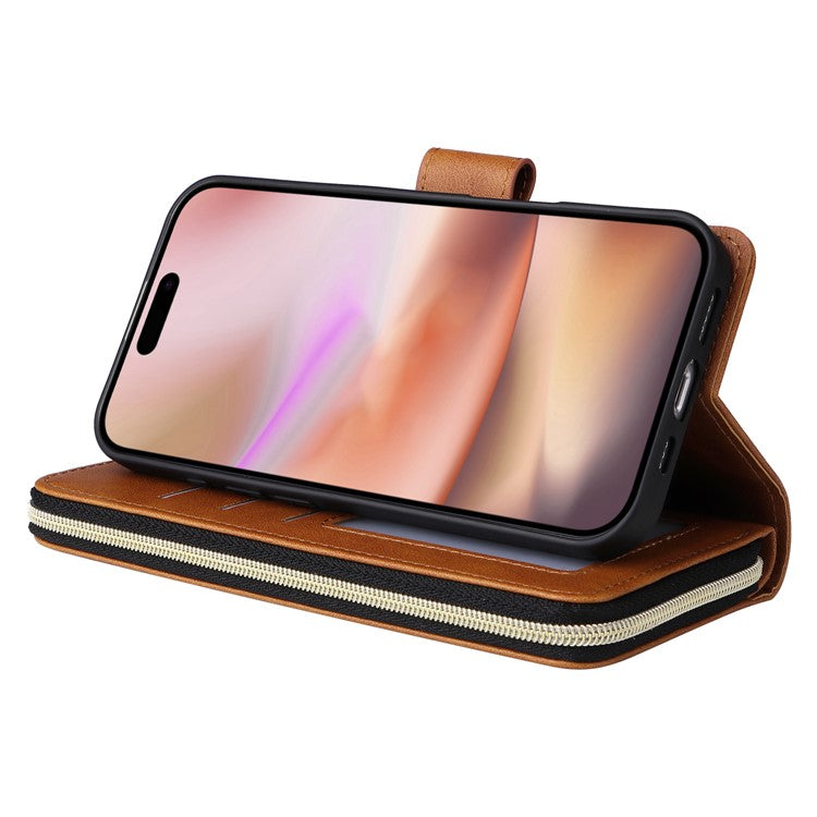 For iPhone 16 Plus Case PU Leather Phone Cover 9 Card Slots Zipper Pocket Hand Strap - Brown