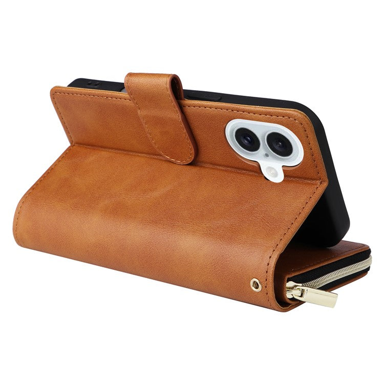 For iPhone 16 Plus Case PU Leather Phone Cover 9 Card Slots Zipper Pocket Hand Strap - Brown
