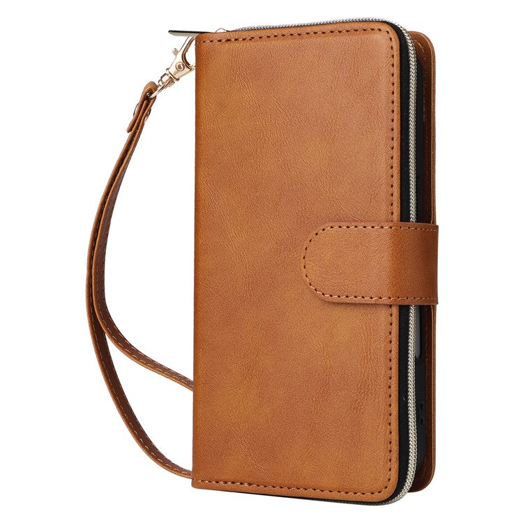 For iPhone 16 Plus Case PU Leather Phone Cover 9 Card Slots Zipper Pocket Hand Strap - Brown