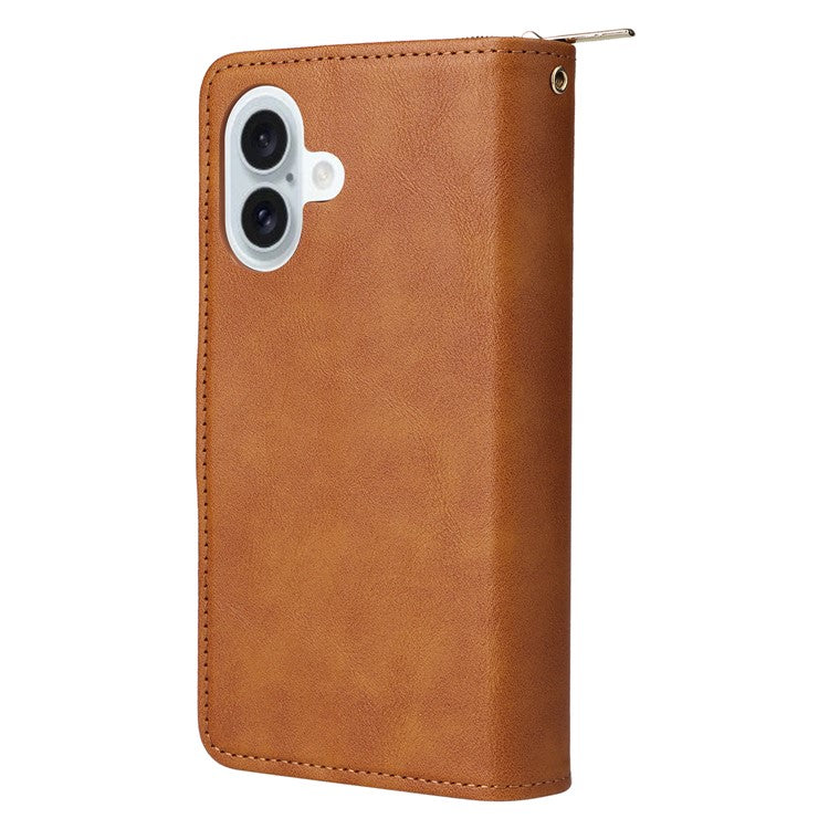 For iPhone 16 Plus Case PU Leather Phone Cover 9 Card Slots Zipper Pocket Hand Strap - Brown