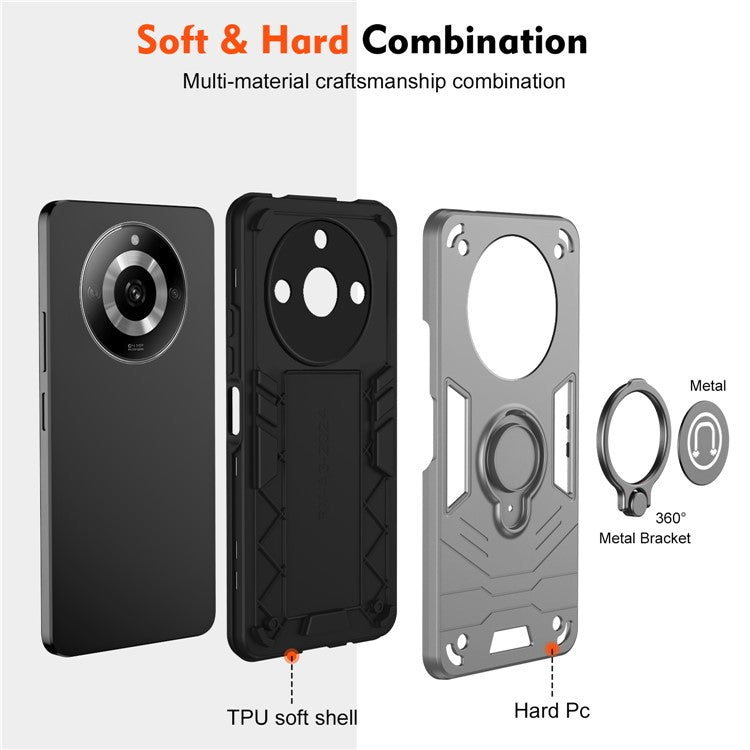 For Realme Narzo 60 5G Case PC+TPU Kickstand Phone Cover Support Magnetic Car Mount - Grey