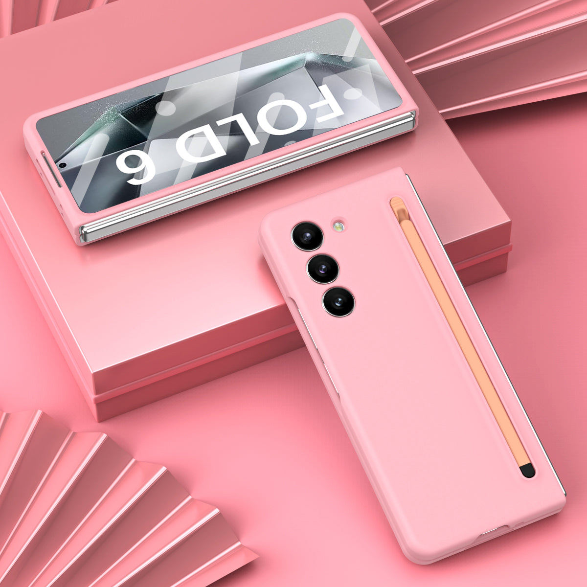 For Samsung Galaxy Z Fold6 5G Case PC Phone Cover with Stylus / Tempered Glass Film - Pink+Pink Stylus