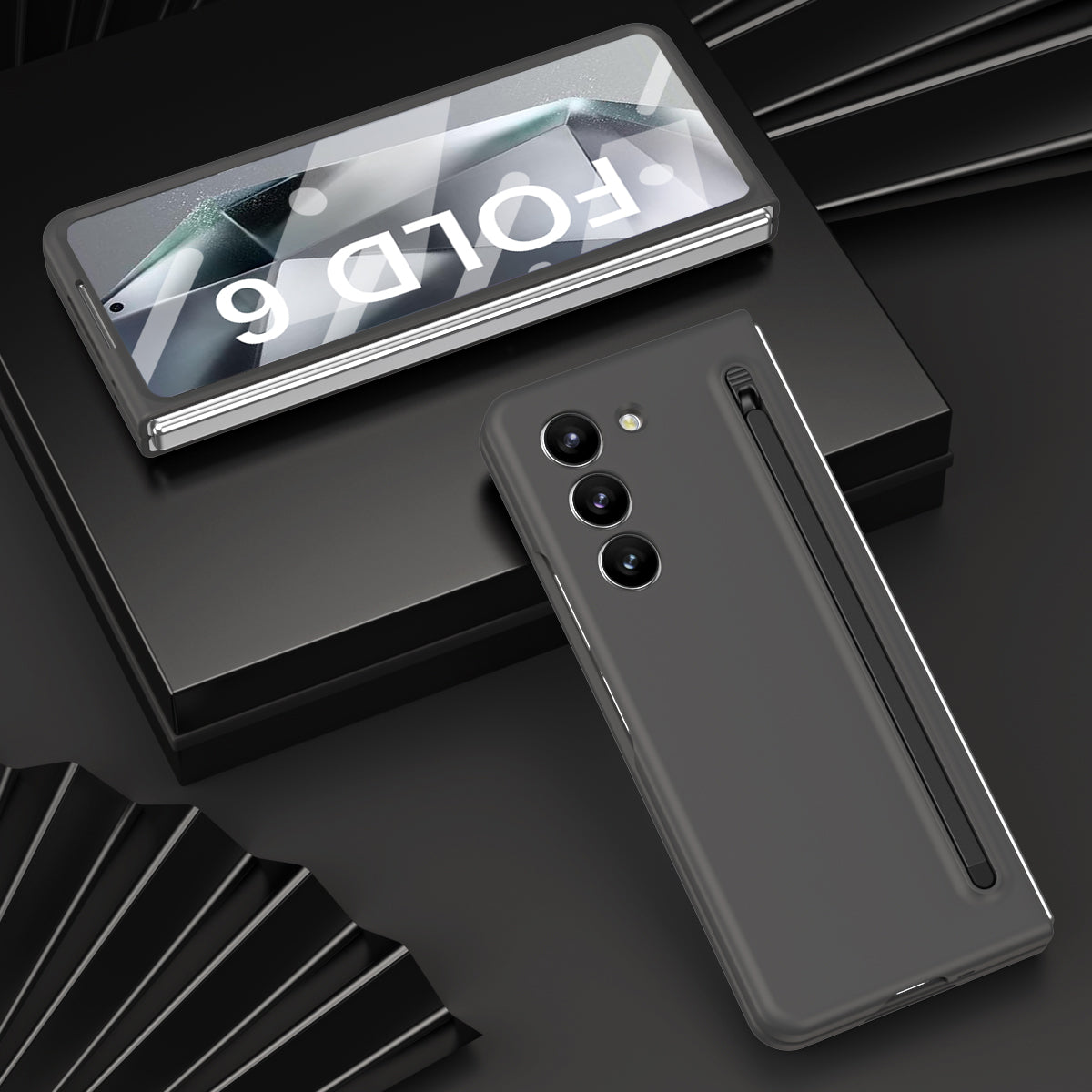 For Samsung Galaxy Z Fold6 5G Case PC Phone Cover with Stylus / Tempered Glass Film - Dark Grey+Black Stylus
