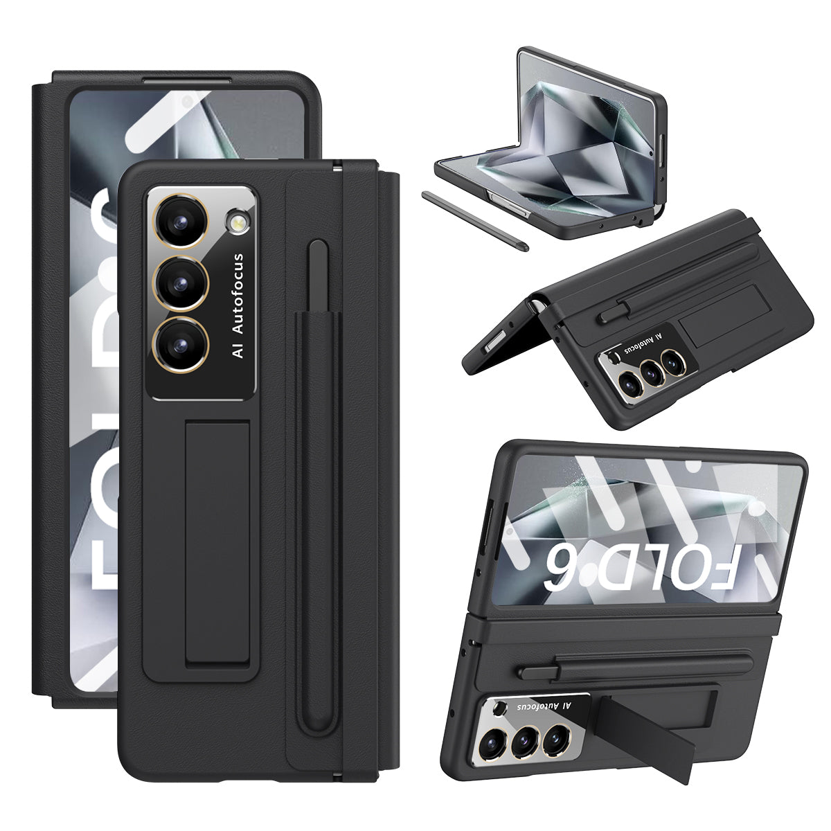 For Samsung Galaxy Z Fold6 5G Case Hinge Protection Leather Back Cover with Front Screen Film / Stylus - Black