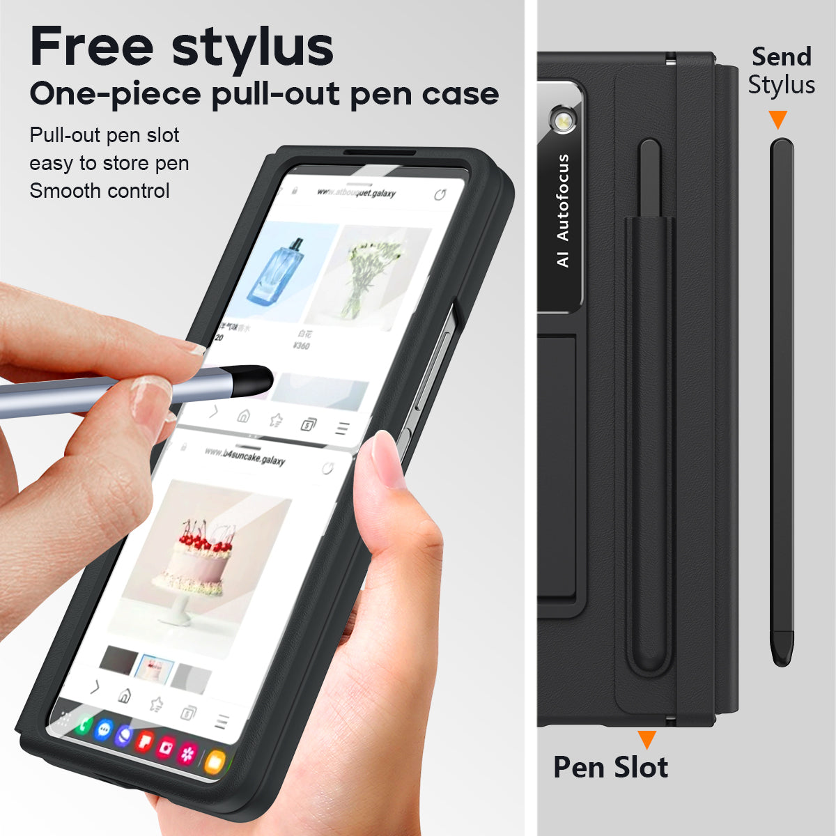 For Samsung Galaxy Z Fold6 5G Case Hinge Protection Leather Back Cover with Front Screen Film / Stylus - Black