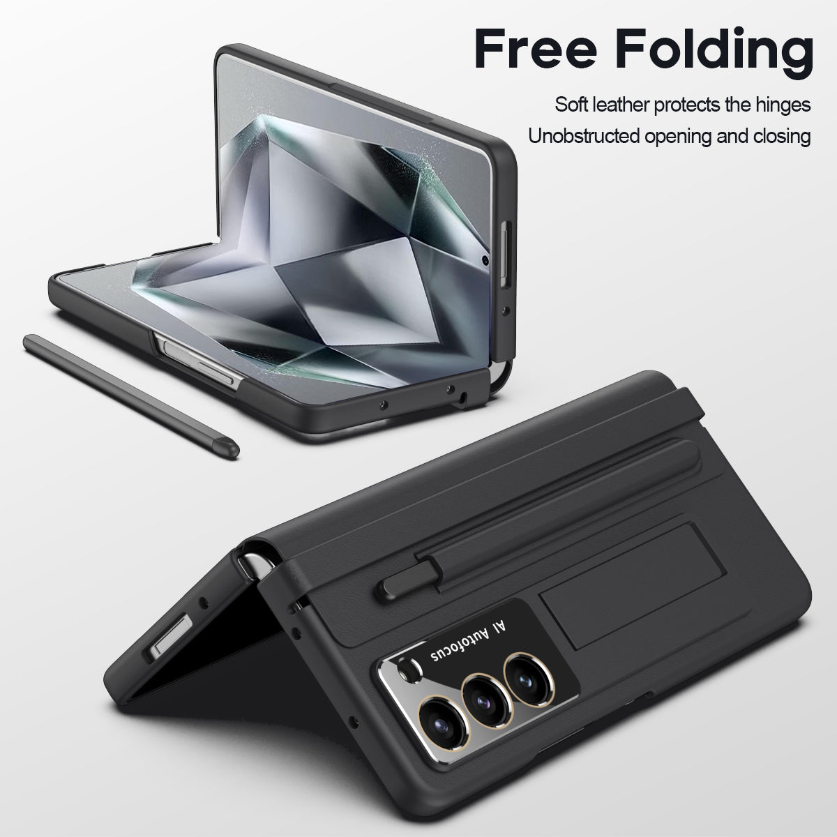 For Samsung Galaxy Z Fold6 5G Case Hinge Protection Leather Back Cover with Front Screen Film / Stylus - Black
