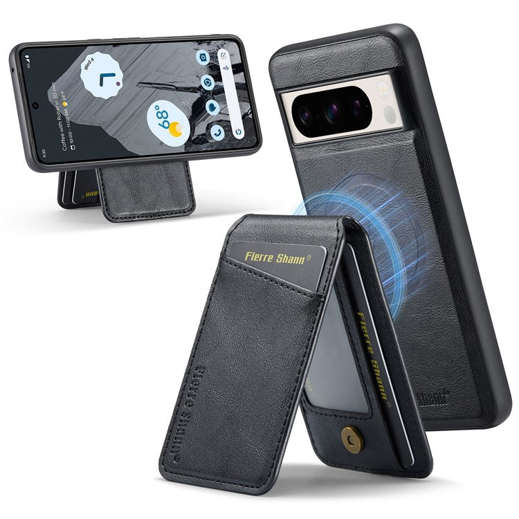 FIERRE SHANN 025 Style For Google Pixel 8 Pro Case PU+TPU Phone Cover with Detachable Card Holder Kickstand - Black