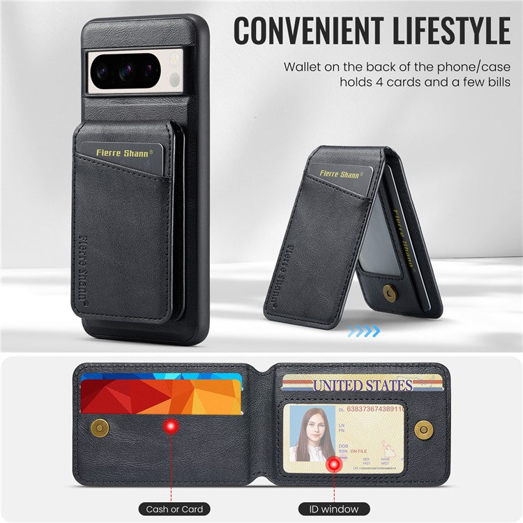 FIERRE SHANN 025 Style For Google Pixel 8 Pro Case PU+TPU Phone Cover with Detachable Card Holder Kickstand - Black