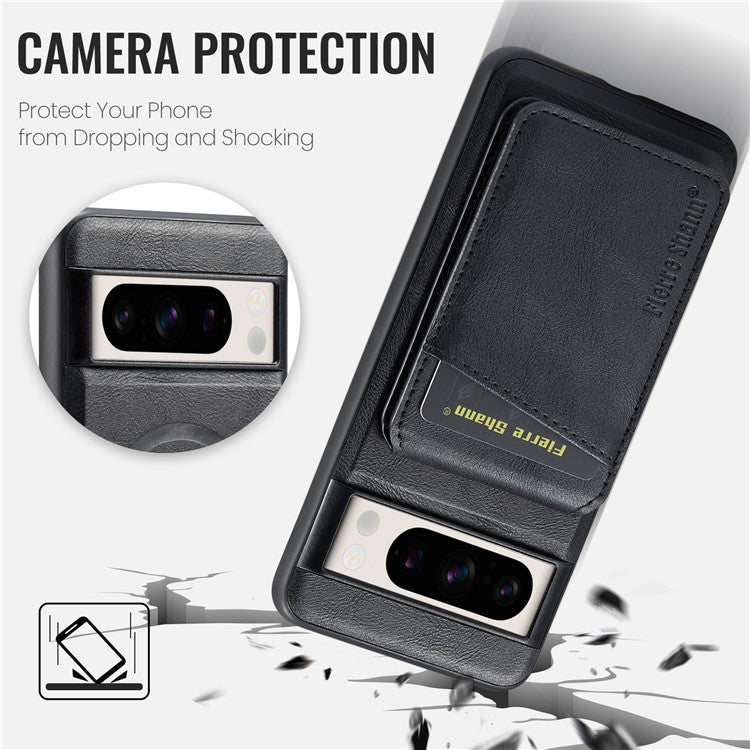 FIERRE SHANN 025 Style For Google Pixel 8 Pro Case PU+TPU Phone Cover with Detachable Card Holder Kickstand - Black