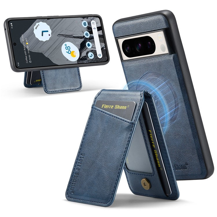 FIERRE SHANN 025 Style For Google Pixel 8 Pro Case PU+TPU Phone Cover with Detachable Card Holder Kickstand - Blue