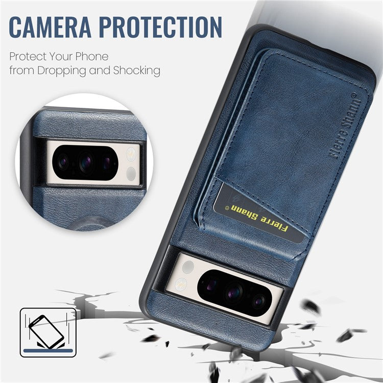 FIERRE SHANN 025 Style For Google Pixel 8 Pro Case PU+TPU Phone Cover with Detachable Card Holder Kickstand - Blue
