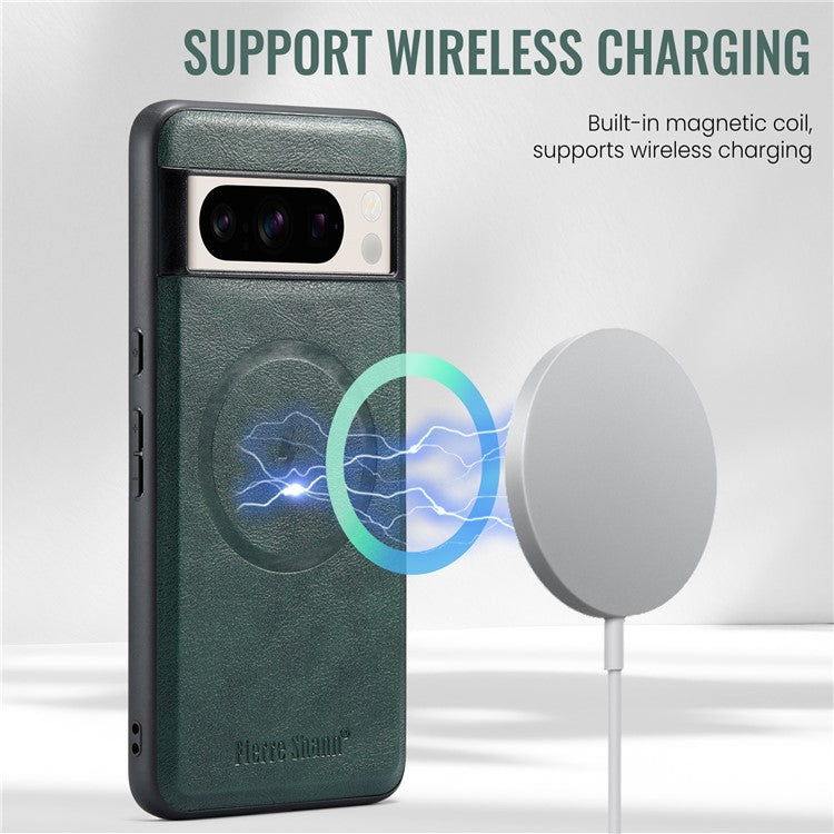 FIERRE SHANN 025 Style For Google Pixel 8 Pro Case PU+TPU Phone Cover with Detachable Card Holder Kickstand - Green