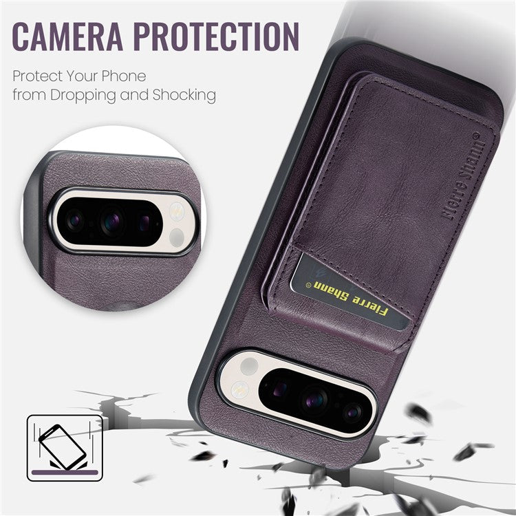 FIERRE SHANN 025 Style For Google Pixel 9 Pro / Pixel 9 Case Card Holder PU+TPU Kickstand Phone Cover - Purple