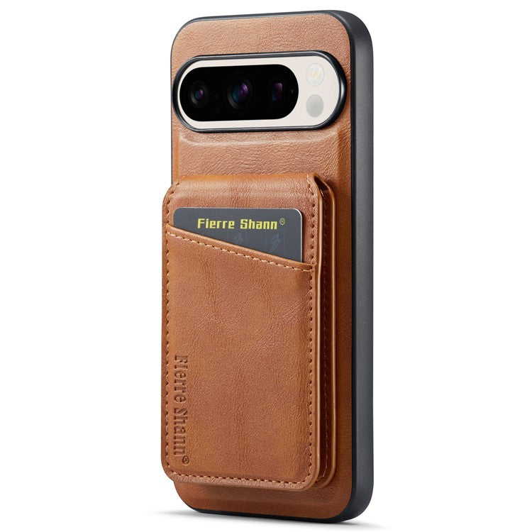 FIERRE SHANN 025 Style For Google Pixel 9 Pro / Pixel 9 Case Card Holder PU+TPU Kickstand Phone Cover - Brown