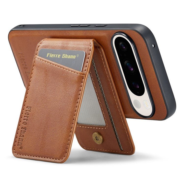FIERRE SHANN 025 Style For Google Pixel 9 Pro / Pixel 9 Case Card Holder PU+TPU Kickstand Phone Cover - Brown